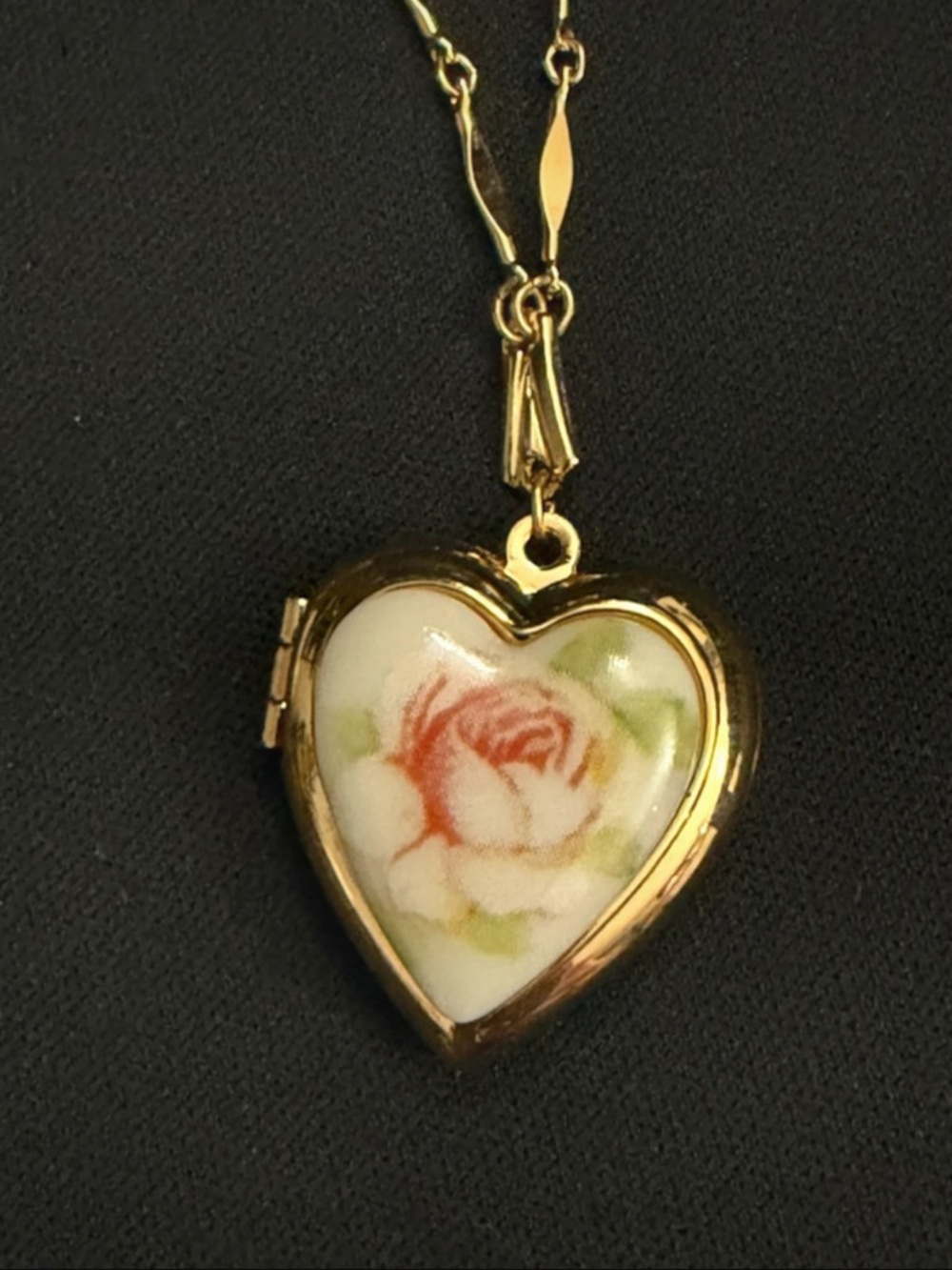 Avon Gold-Tone Heart Locket Necklace with Pink Rose Inset